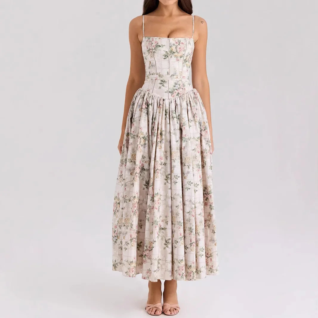 Women's Blue Floral Bow Print Corset Bodice Spaghetti Strap Ball Gown Maxi Dress – Romantic Cottagecore Formal Wedding Guest Prom Dress