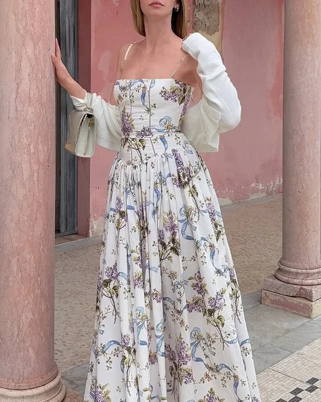 Women's Blue Floral Bow Print Corset Bodice Spaghetti Strap Ball Gown Maxi Dress – Romantic Cottagecore Formal Wedding Guest Prom Dress