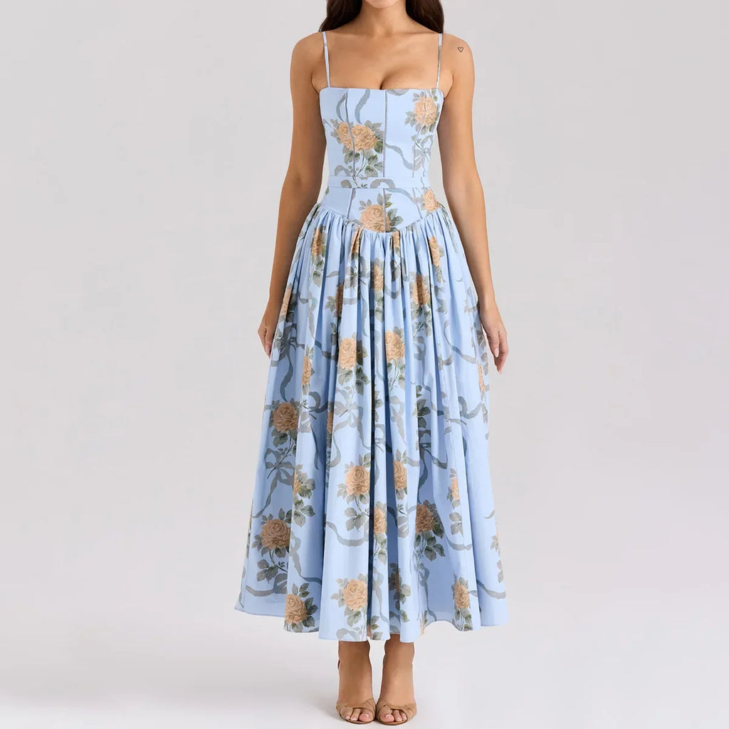 Women's Blue Floral Bow Print Corset Bodice Spaghetti Strap Ball Gown Maxi Dress – Romantic Cottagecore Formal Wedding Guest Prom Dress