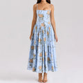Women's Blue Floral Bow Print Corset Bodice Spaghetti Strap Ball Gown Maxi Dress – Romantic Cottagecore Formal Wedding Guest Prom Dress