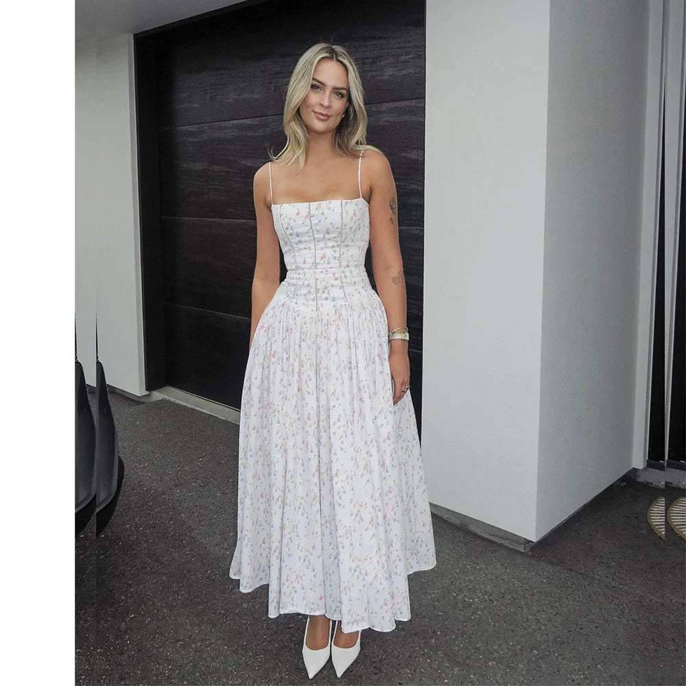 Women's Blue Floral Bow Print Corset Bodice Spaghetti Strap Ball Gown Maxi Dress – Romantic Cottagecore Formal Wedding Guest Prom Dress