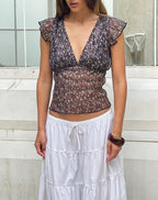 Women's Chiffon Floral Flowy Midi Dress with V-Neckline in Charcoal for Everyday Wear