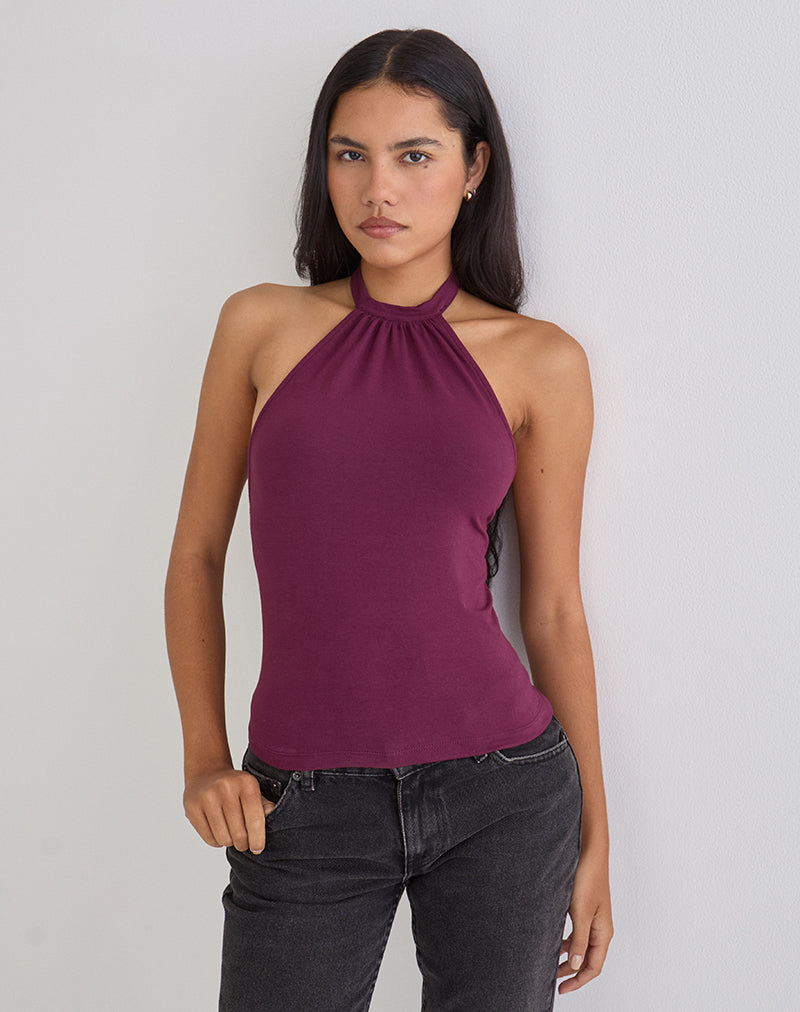 Women's Rayon Jersey Halterneck Bodycon Top in Purple for Everyday Wear