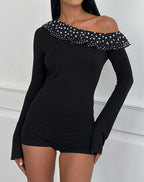 Women's Chiffon Long Sleeve Top with Asymmetric Neckline in Black for Everyday Wear