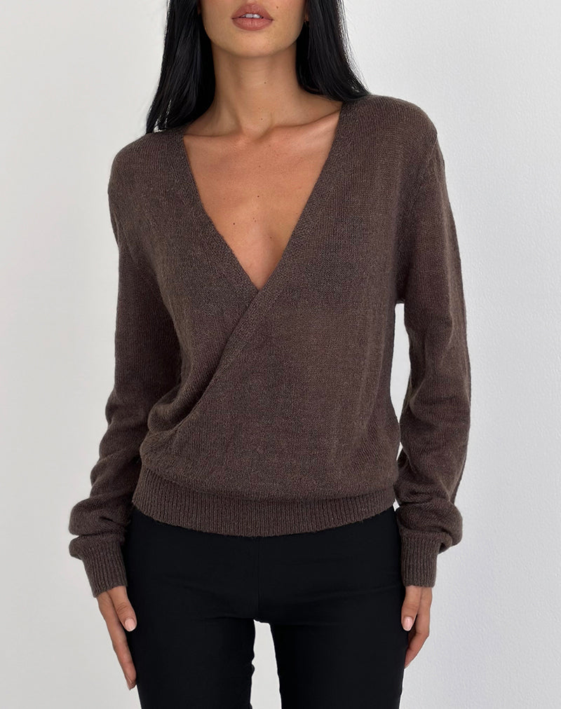 Women's Knit Long Sleeve Top with V-Neckline in Chocolate for Everyday Wear