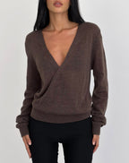 Women's Knit Long Sleeve Top with V-Neckline in Chocolate for Everyday Wear