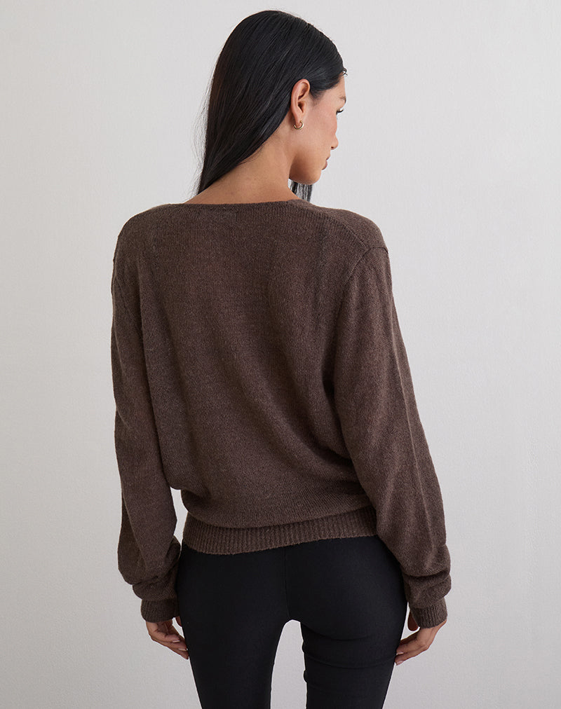 Women's Knit Long Sleeve Top with V-Neckline in Chocolate for Everyday Wear