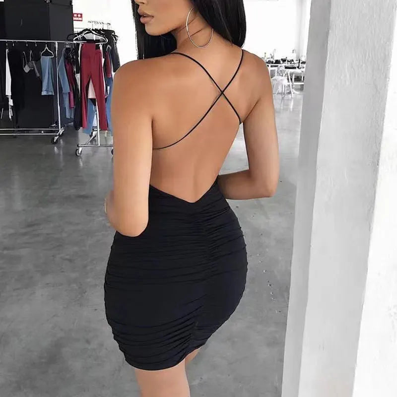 Women's Black Spaghetti Strap Ruched Bodycon Mini Dress – Sexy Casual Night Out Club Party Date Dress