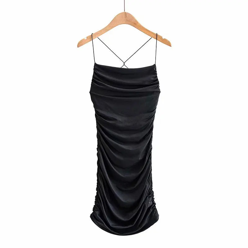 Women's Black Spaghetti Strap Ruched Bodycon Mini Dress – Sexy Casual Night Out Club Party Date Dress