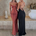 Women's Rust Terracotta Satin Cowl Neck Lace-Up Cross Back Bodycon Maxi Dress – Sexy Elegant Formal Evening Party Night Out Gown