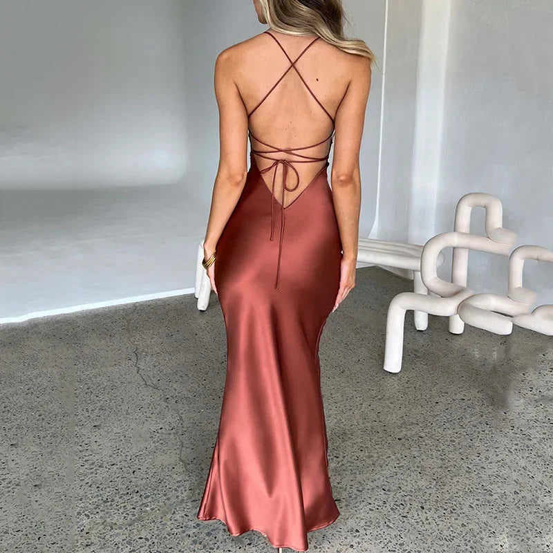Women's Rust Terracotta Satin Cowl Neck Lace-Up Cross Back Bodycon Maxi Dress – Sexy Elegant Formal Evening Party Night Out Gown