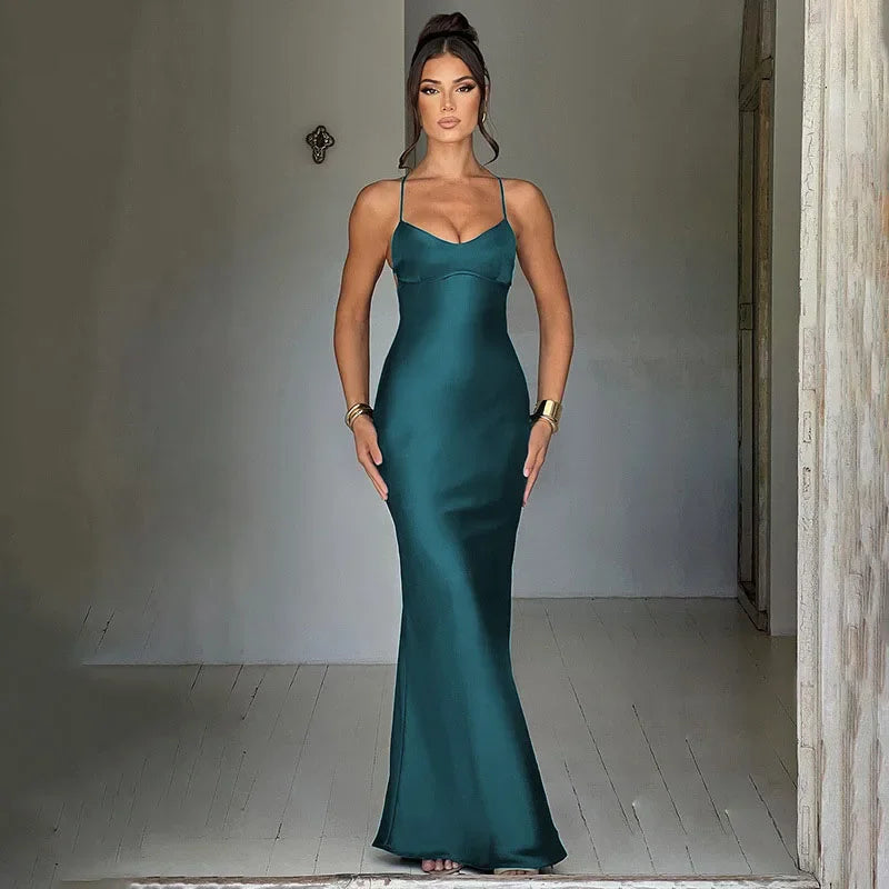 Women's Rust Terracotta Satin Cowl Neck Lace-Up Cross Back Bodycon Maxi Dress – Sexy Elegant Formal Evening Party Night Out Gown