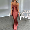 Women's Rust Terracotta Satin Cowl Neck Lace-Up Cross Back Bodycon Maxi Dress – Sexy Elegant Formal Evening Party Night Out Gown