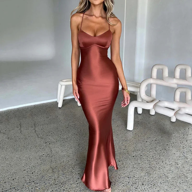 Women's Rust Terracotta Satin Cowl Neck Lace-Up Cross Back Bodycon Maxi Dress – Sexy Elegant Formal Evening Party Night Out Gown
