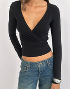 Women's Long Sleeve Top with V-Neckline in Black for Everyday Wear