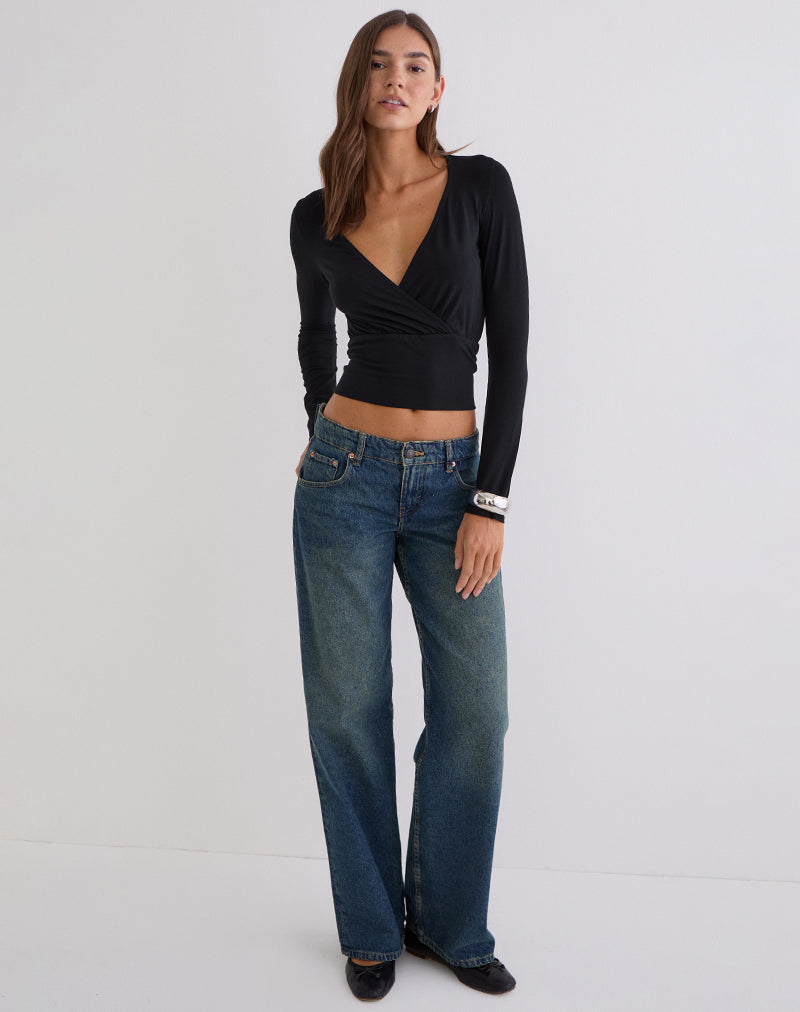 Women's Long Sleeve Top with V-Neckline in Black for Everyday Wear