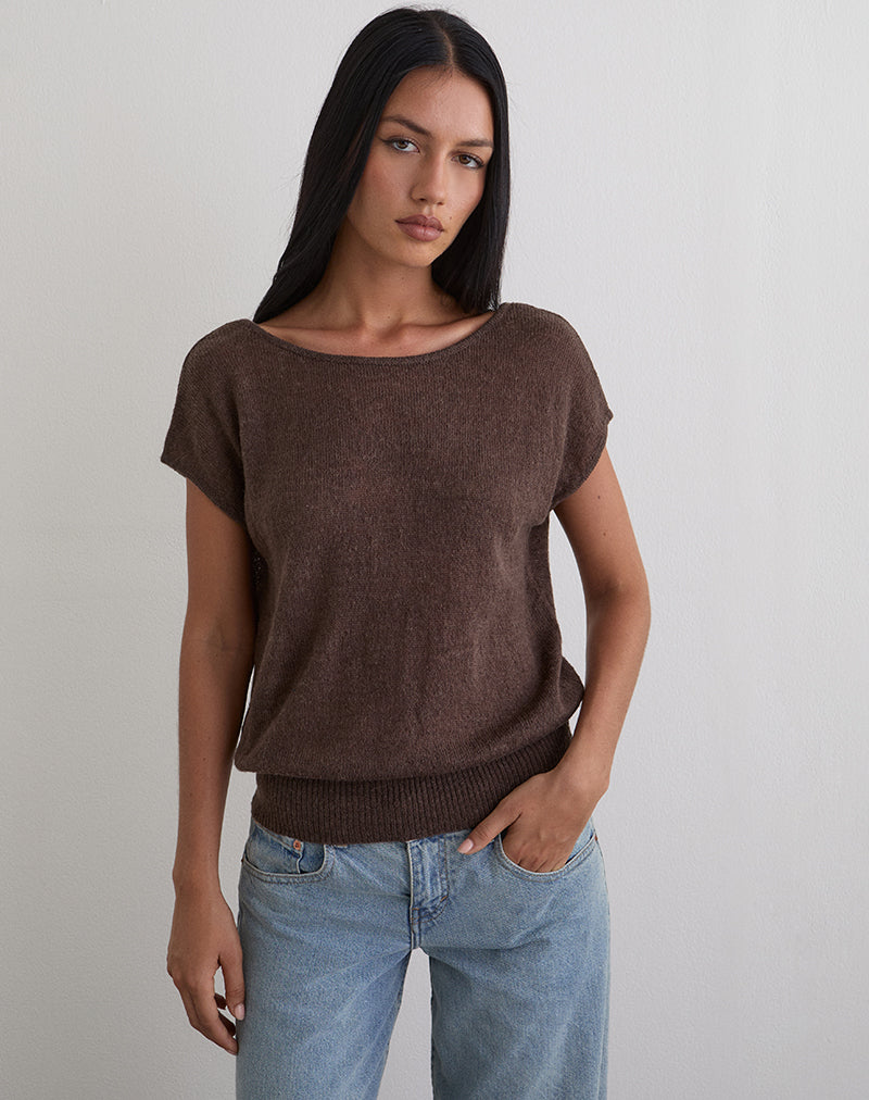 Women's Knit Fashion Relaxed Top with Scoop Neckline in Brown for Everyday Wear