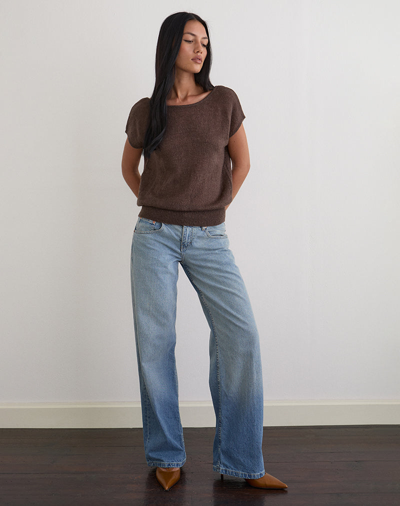 Women's Knit Fashion Relaxed Top with Scoop Neckline in Brown for Everyday Wear
