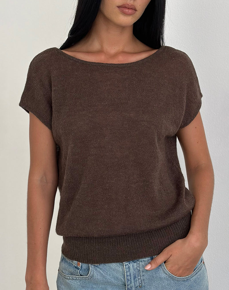 Women's Knit Fashion Relaxed Top with Scoop Neckline in Brown for Everyday Wear