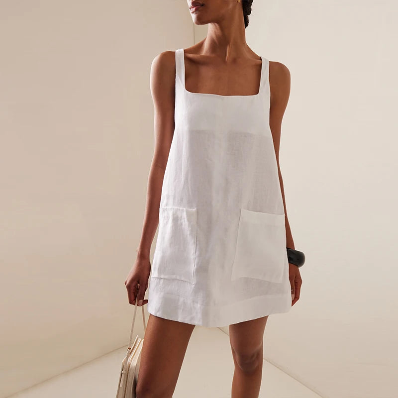 Women's White Linen Square Neck Sleeveless Patch Pocket Mini Dress – Casual Minimalist Summer Beach Vacation Everyday Sundress