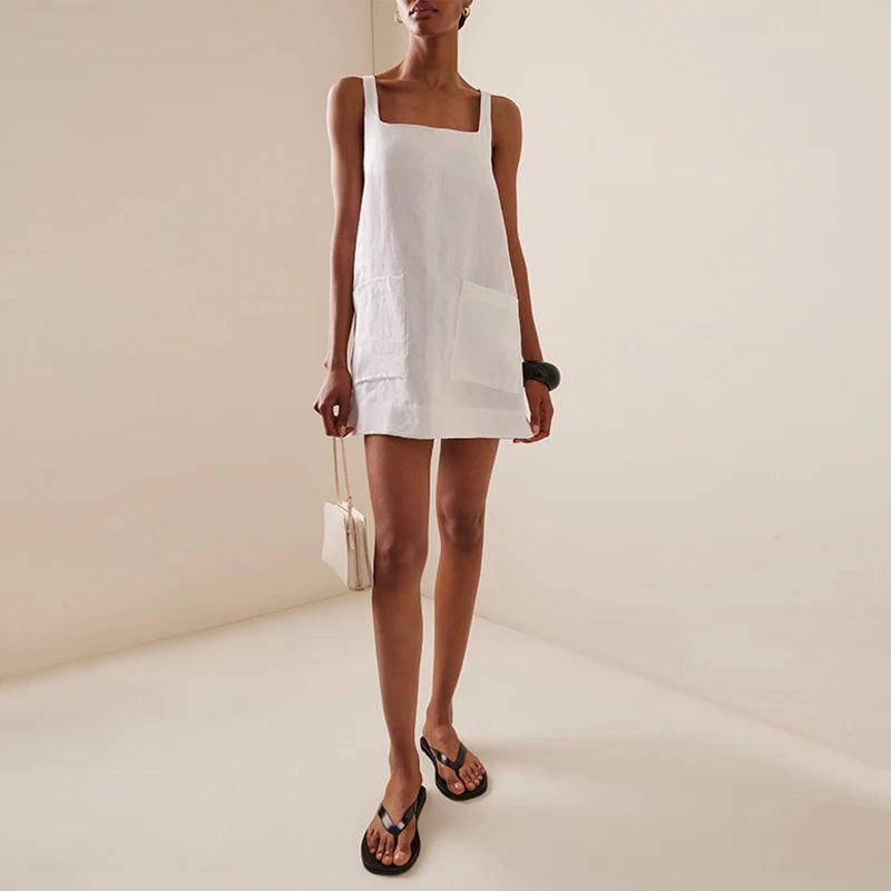 Women's White Linen Square Neck Sleeveless Patch Pocket Mini Dress – Casual Minimalist Summer Beach Vacation Everyday Sundress