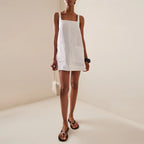 Women's White Linen Square Neck Sleeveless Patch Pocket Mini Dress – Casual Minimalist Summer Beach Vacation Everyday Sundress