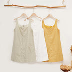Women's White Linen Square Neck Sleeveless Patch Pocket Mini Dress – Casual Minimalist Summer Beach Vacation Everyday Sundress