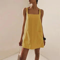 Women's White Linen Square Neck Sleeveless Patch Pocket Mini Dress – Casual Minimalist Summer Beach Vacation Everyday Sundress
