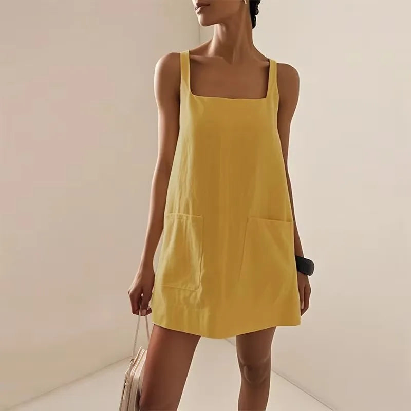 Women's White Linen Square Neck Sleeveless Patch Pocket Mini Dress – Casual Minimalist Summer Beach Vacation Everyday Sundress