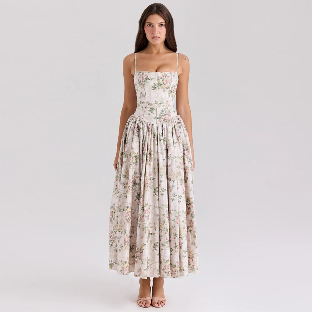 Women's Floral Corset Bodice Spaghetti Strap A-Line Maxi Dress – Romantic Cottagecore Garden Party Wedding Guest Summer Dress