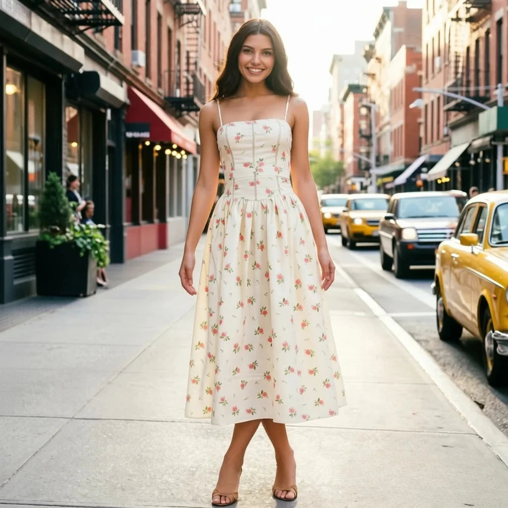 Women's Floral Corset Bodice Spaghetti Strap A-Line Maxi Dress – Romantic Cottagecore Garden Party Wedding Guest Summer Dress