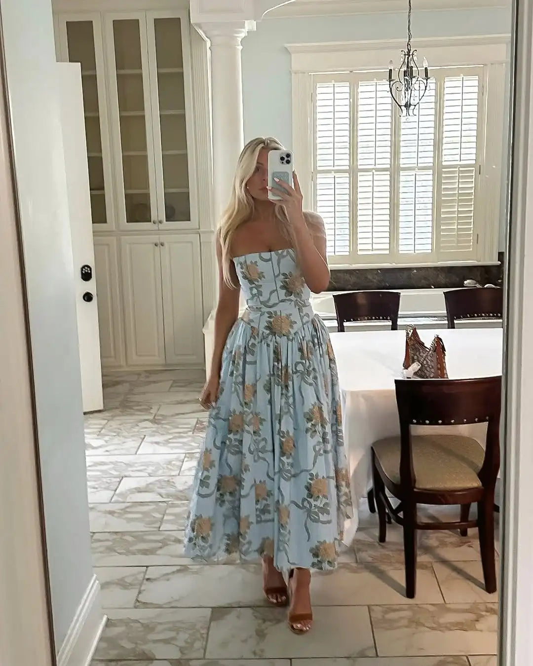 Women's Floral Corset Bodice Spaghetti Strap A-Line Maxi Dress – Romantic Cottagecore Garden Party Wedding Guest Summer Dress