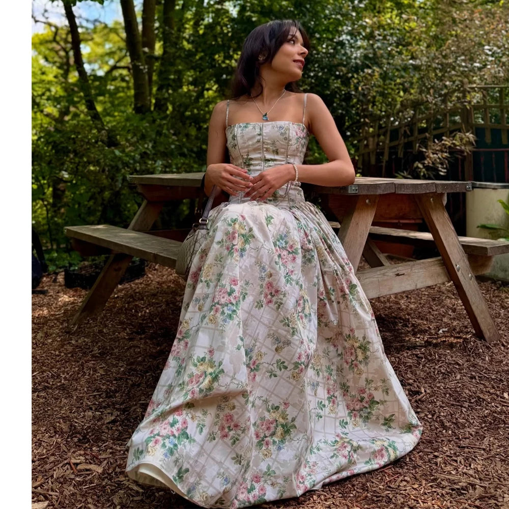 Women's Floral Corset Bodice Spaghetti Strap A-Line Maxi Dress – Romantic Cottagecore Garden Party Wedding Guest Summer Dress