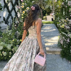 Women's Floral Corset Bodice Spaghetti Strap A-Line Maxi Dress – Romantic Cottagecore Garden Party Wedding Guest Summer Dress