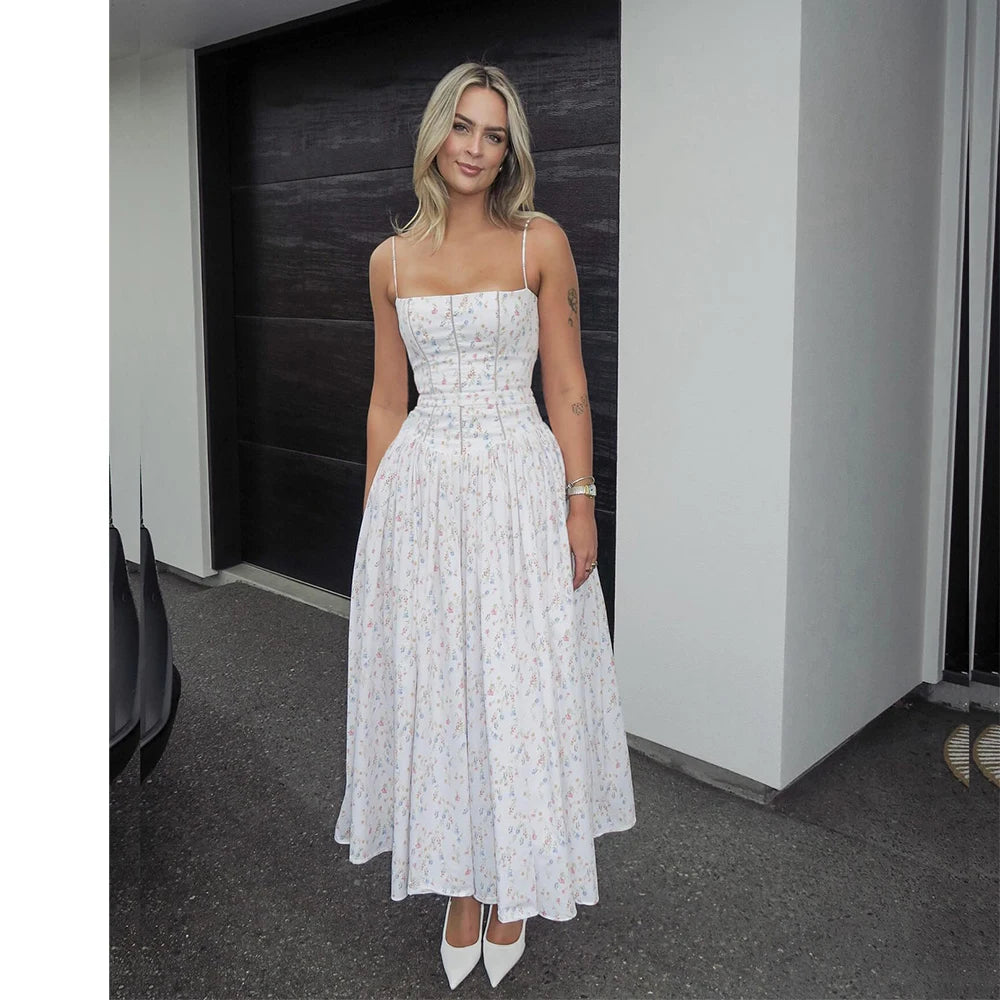 Women's Floral Corset Bodice Spaghetti Strap A-Line Maxi Dress – Romantic Cottagecore Garden Party Wedding Guest Summer Dress