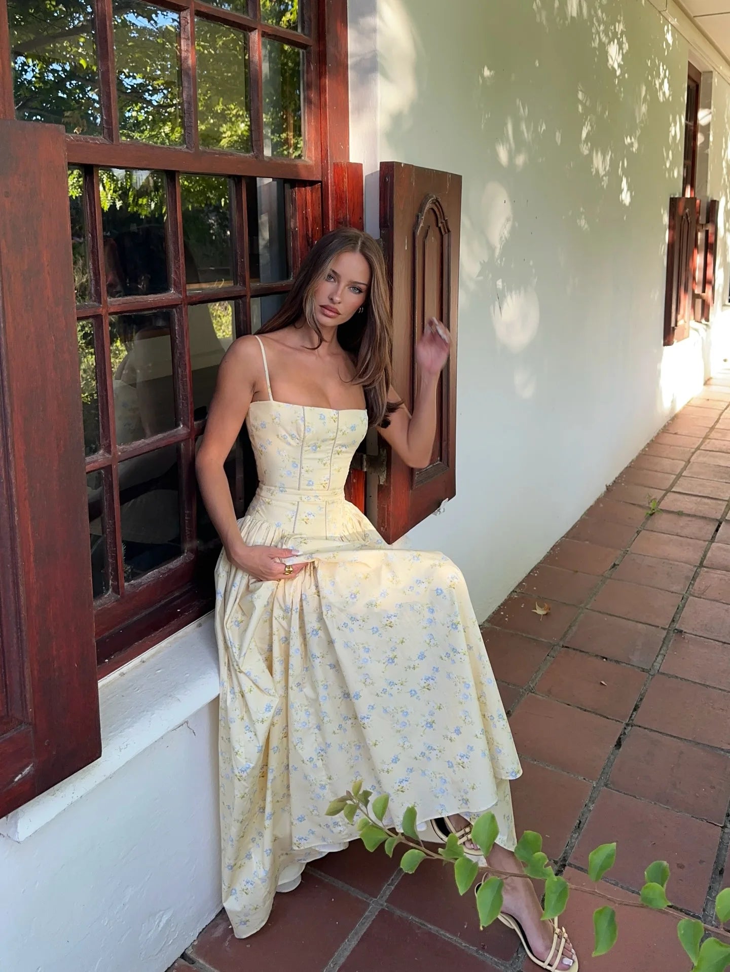 Women's Floral Corset Bodice Spaghetti Strap A-Line Maxi Dress – Romantic Cottagecore Garden Party Wedding Guest Summer Dress