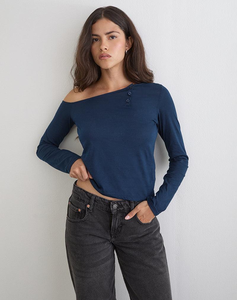 Women's Jersey Long Sleeve Top with Asymmetric Neckline in Black for Everyday Wear