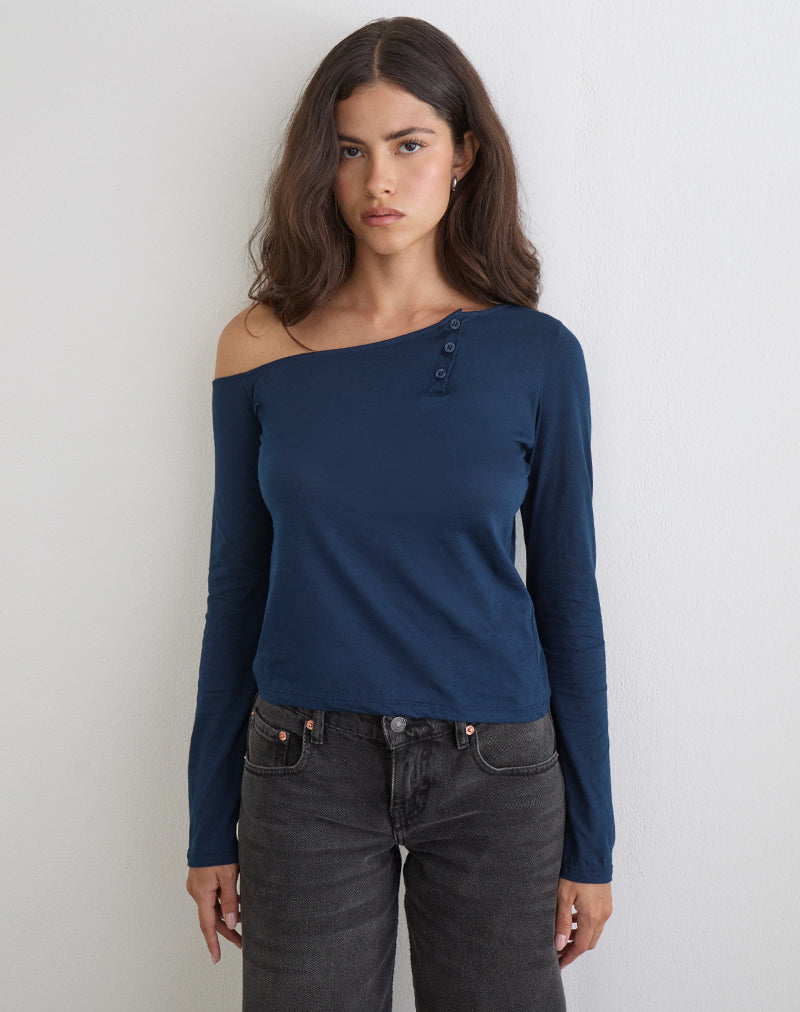 Women's Jersey Long Sleeve Top with Asymmetric Neckline in Black for Everyday Wear