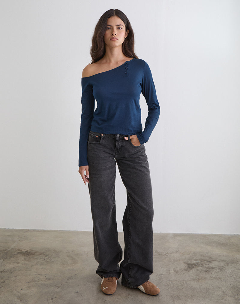 Women's Jersey Long Sleeve Top with Asymmetric Neckline in Black for Everyday Wear