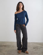 Women's Jersey Long Sleeve Top with Asymmetric Neckline in Black for Everyday Wear