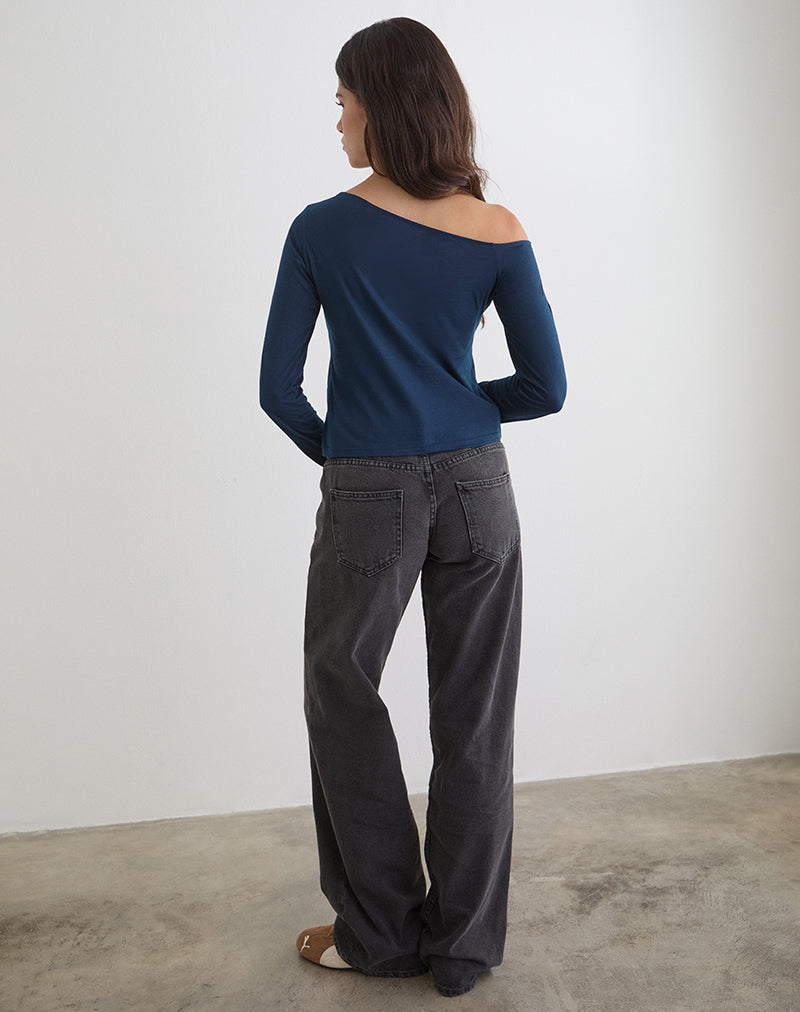 Women's Jersey Long Sleeve Top with Asymmetric Neckline in Black for Everyday Wear