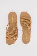 Women's Lace Slip-On Flat Sandals in Tan with Cushioned Sole for All-Day Comfort