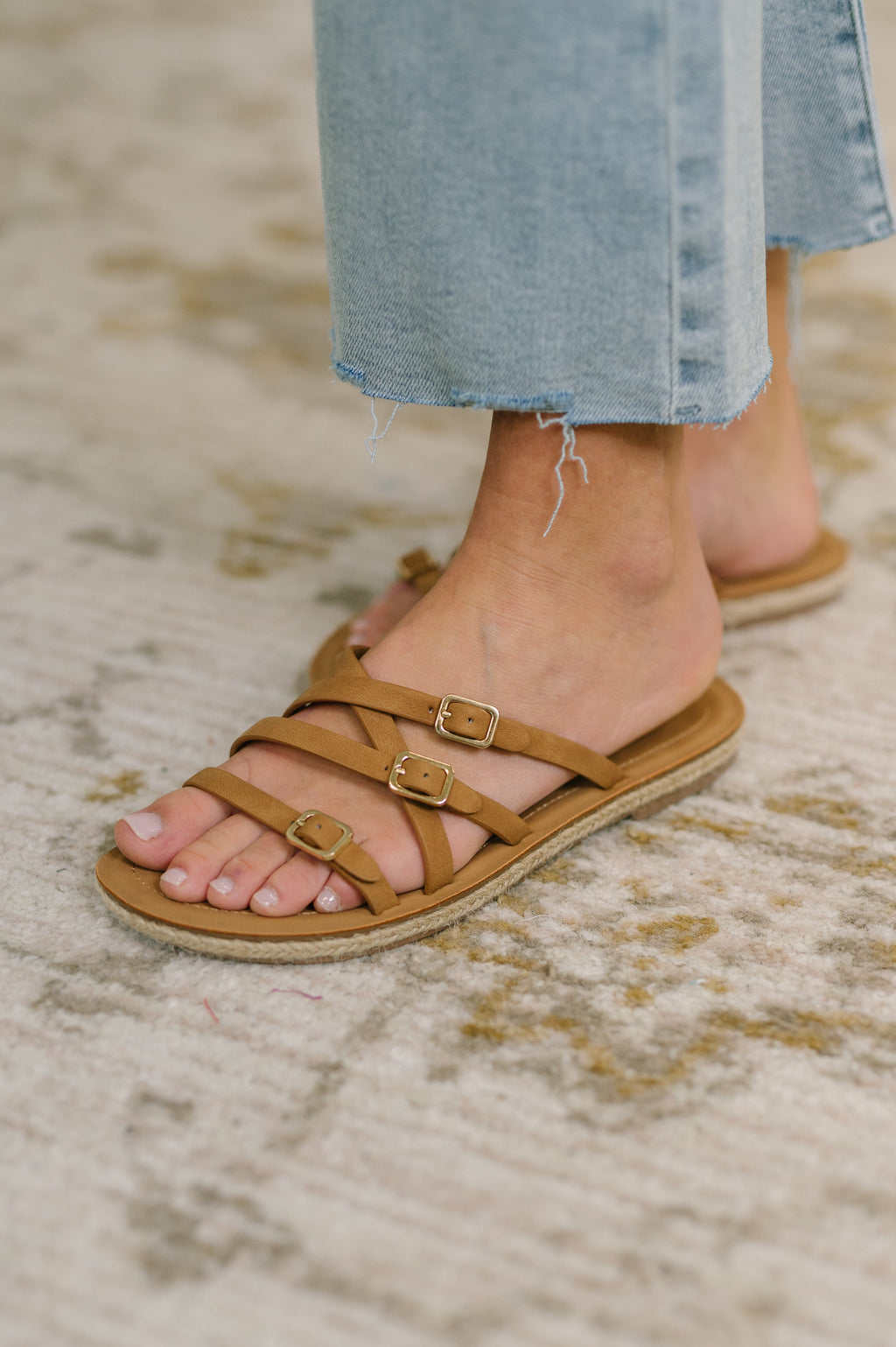 Women's Lace Slip-On Flat Sandals in Tan with Cushioned Sole for All-Day Comfort