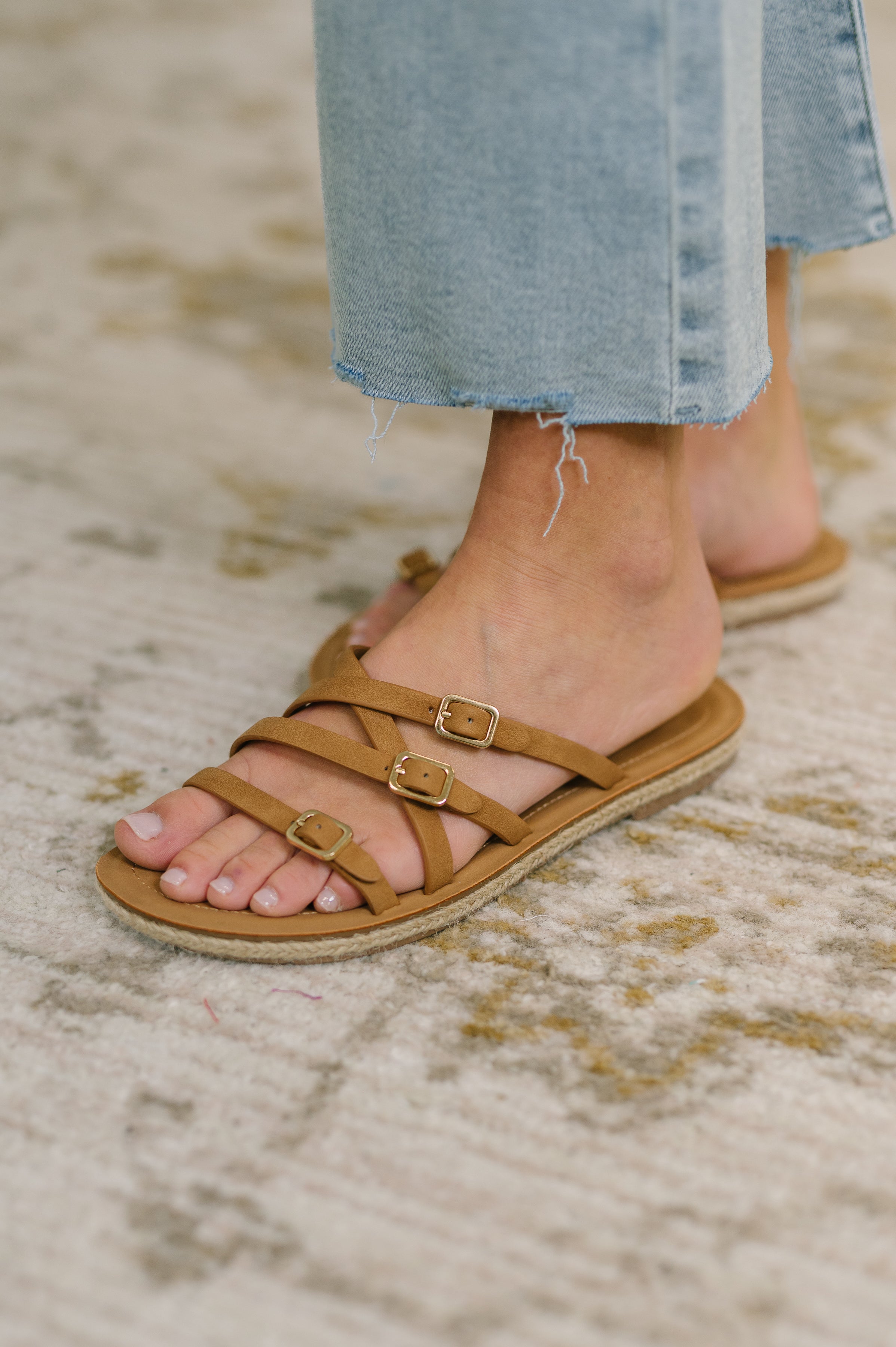 Women's Lace Slip-On Flat Sandals in Tan with Cushioned Sole for All-Day Comfort