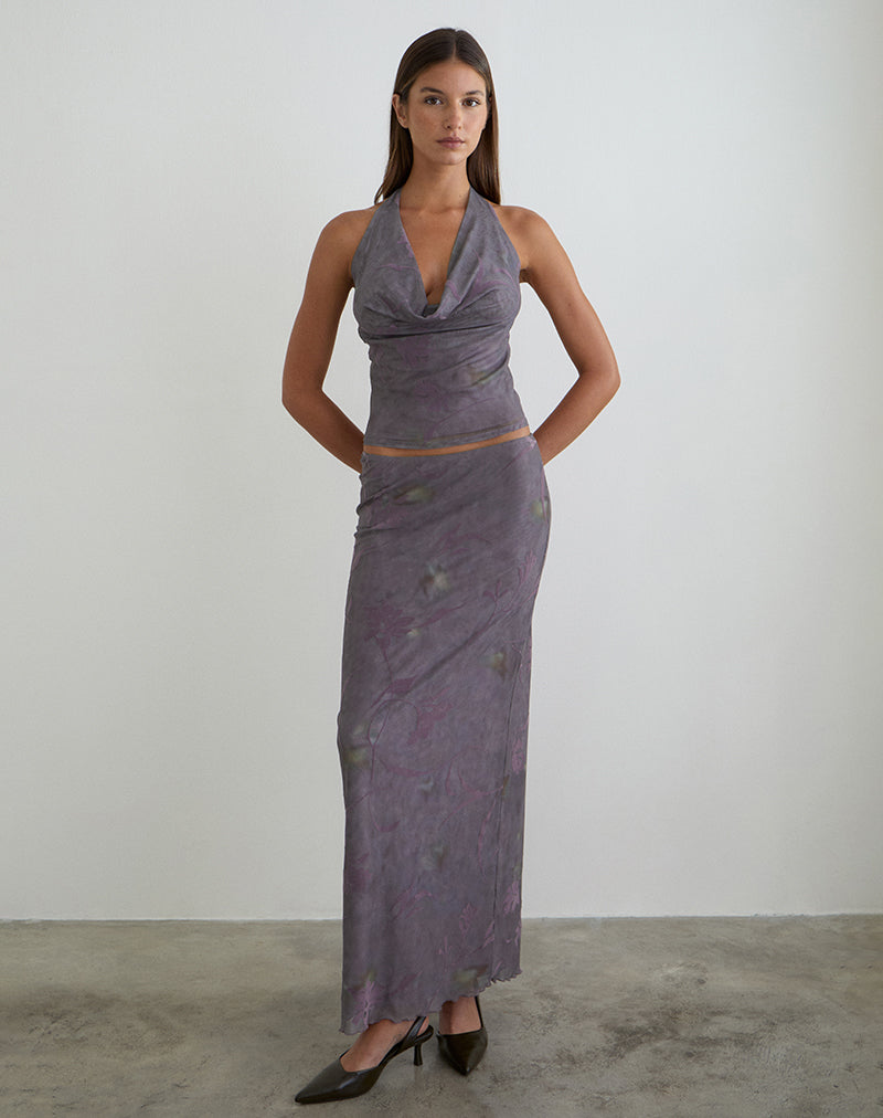 Women's Flock Fabric Shift Midi Dress with Cowl Neckline in Purple for Everyday Wear