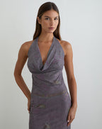 Women's Flock Fabric Shift Midi Dress with Cowl Neckline in Purple for Everyday Wear