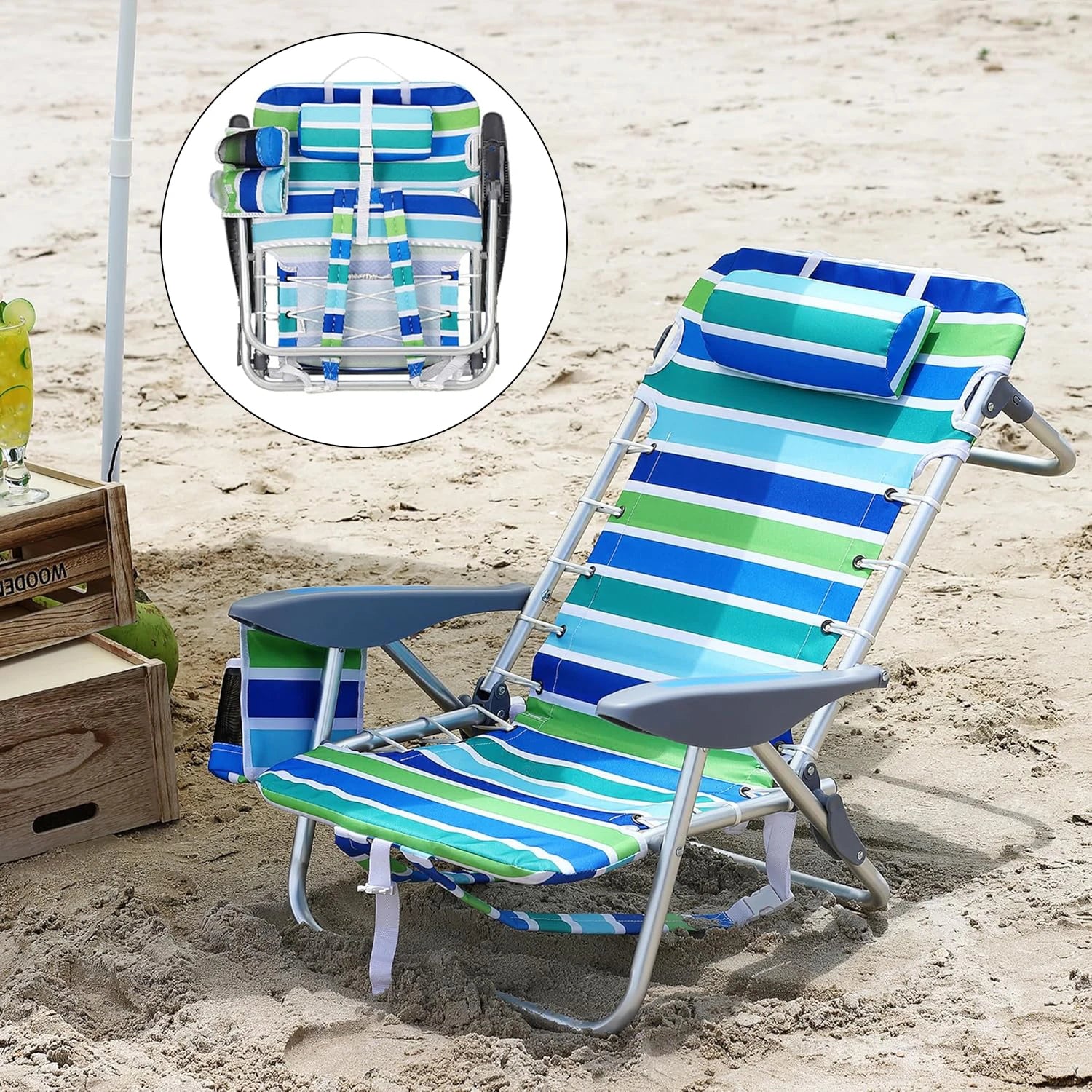 Versatile Portable Beach Chair with 5 Reclining Positions & Cup Holder | Lightweight Design for Ultimate Comfort