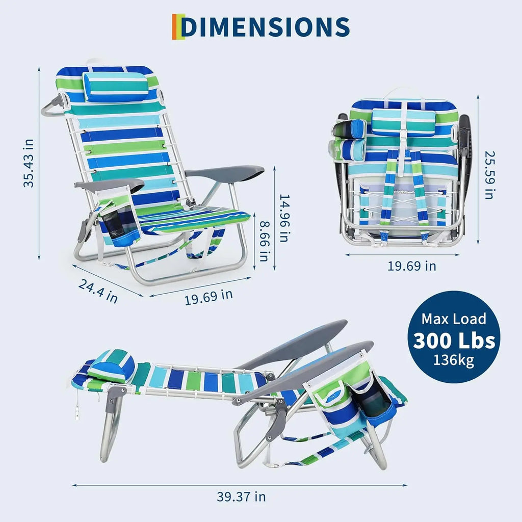 Versatile Portable Beach Chair with 5 Reclining Positions & Cup Holder | Lightweight Design for Ultimate Comfort