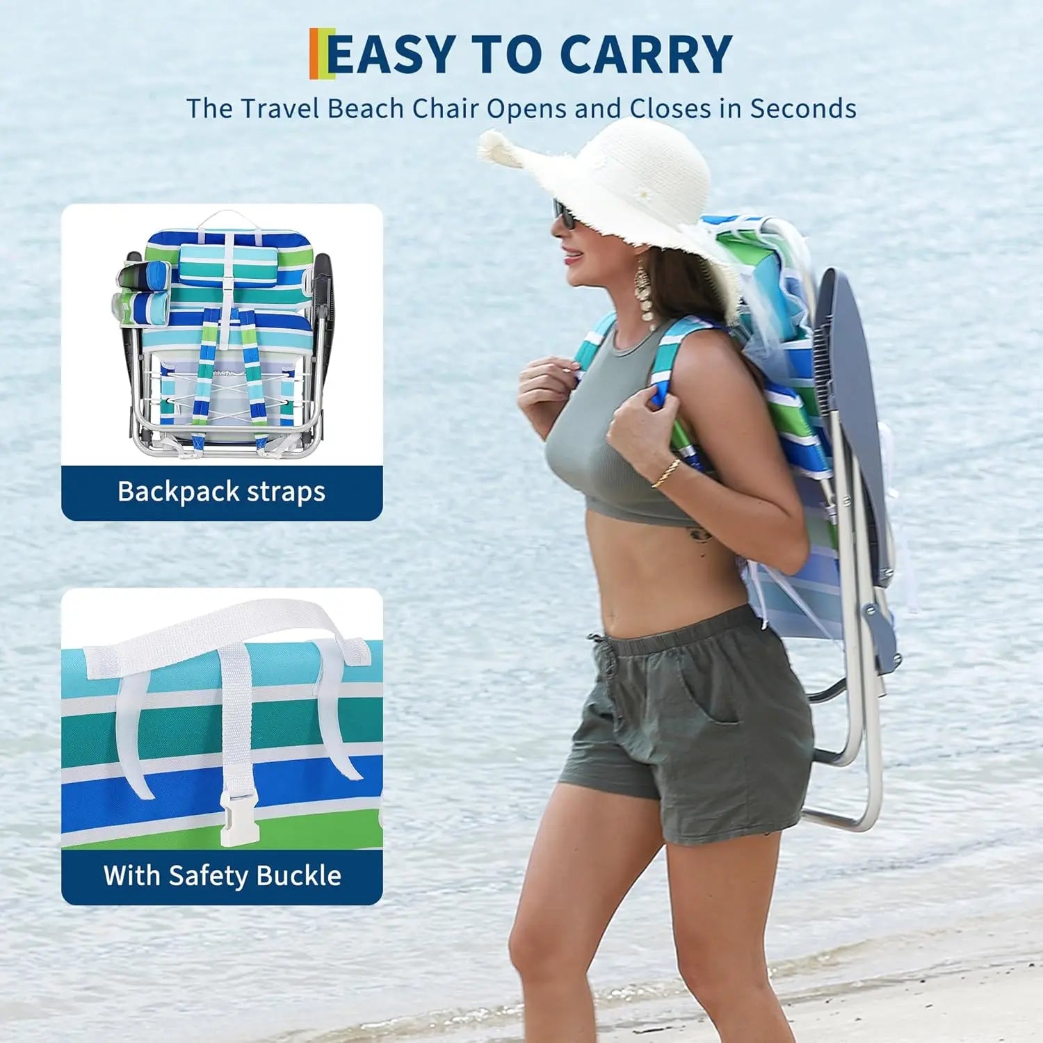 Versatile Portable Beach Chair with 5 Reclining Positions & Cup Holder | Lightweight Design for Ultimate Comfort