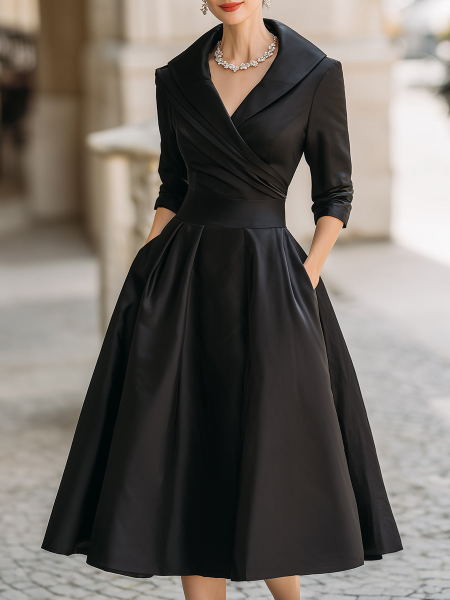 Vintage-Inspired Satin Midi Dress | Elegant Formal Dress with Draped Collar for Timeless Style